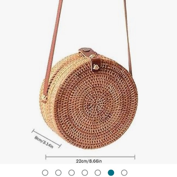 Handwoven Round Rattan Bag Shoulder Leather Straps - Picture 4 of 6